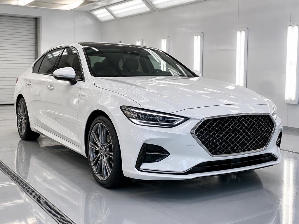 Imported white premium sedan undergoing inspection