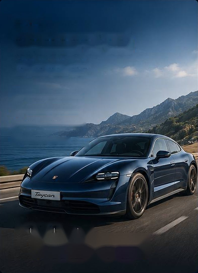 Dark blue Porsche Taycan 4S on a coastal road